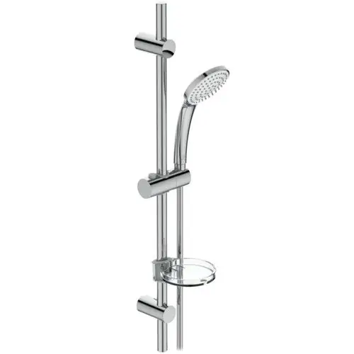 Brausekombination von Ideal Standard mit einer Handbrause und Halterung, montiert auf einer vertikalen Stange aus verchromtem Material.